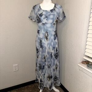 Vintage DBY Maxi Dress Womens Blue Gray Floral Chiffon Sheer Short Sleeve